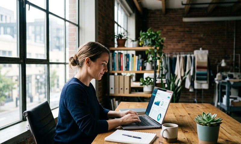 Small business owner working at a laptop showing a business analytics dashboard, warm natural light