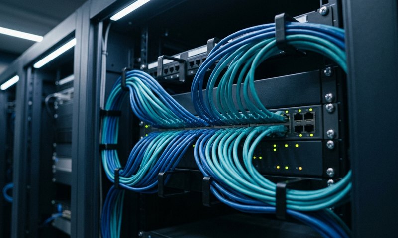 Editorial close-up of network cables in blue and teal running through a modern server rack