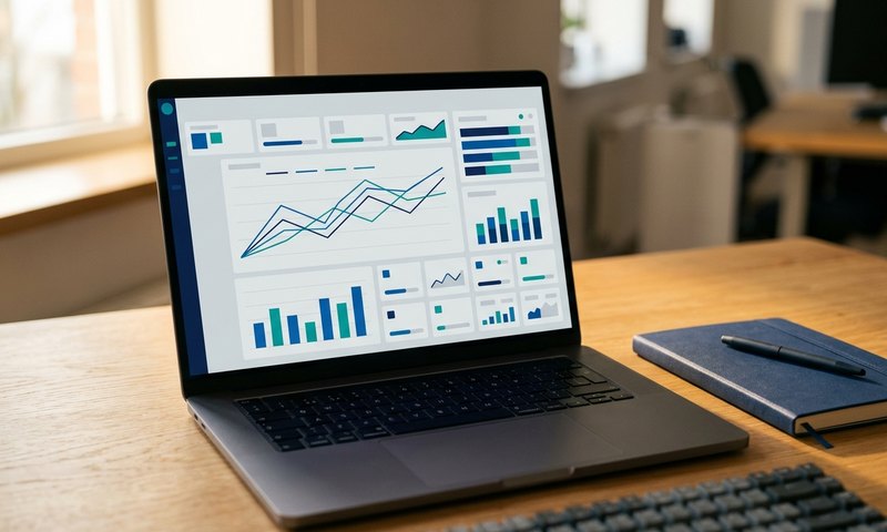 Modern laptop displaying a business analytics dashboard with clean blue and teal charts on a wooden desk