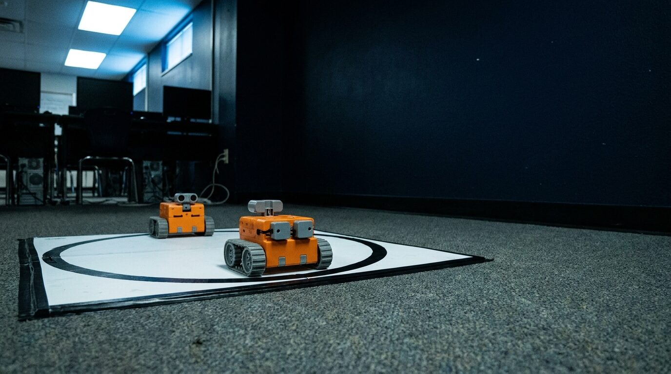 Two small orange robots face each other on a white sumo ring edged with black tape, on the floor of a school computer lab.