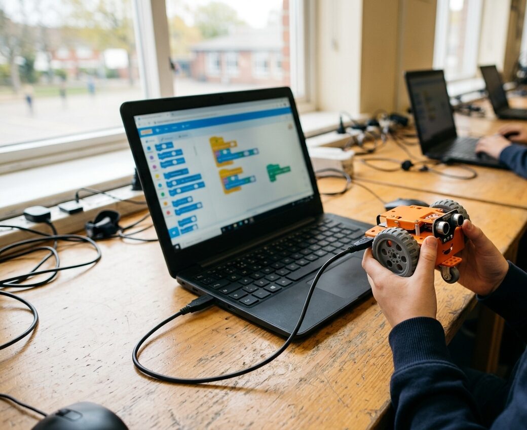 A student's hands hold a small orange robot plugged by USB into a laptop showing colorful block code, in a sunlit computer lab.