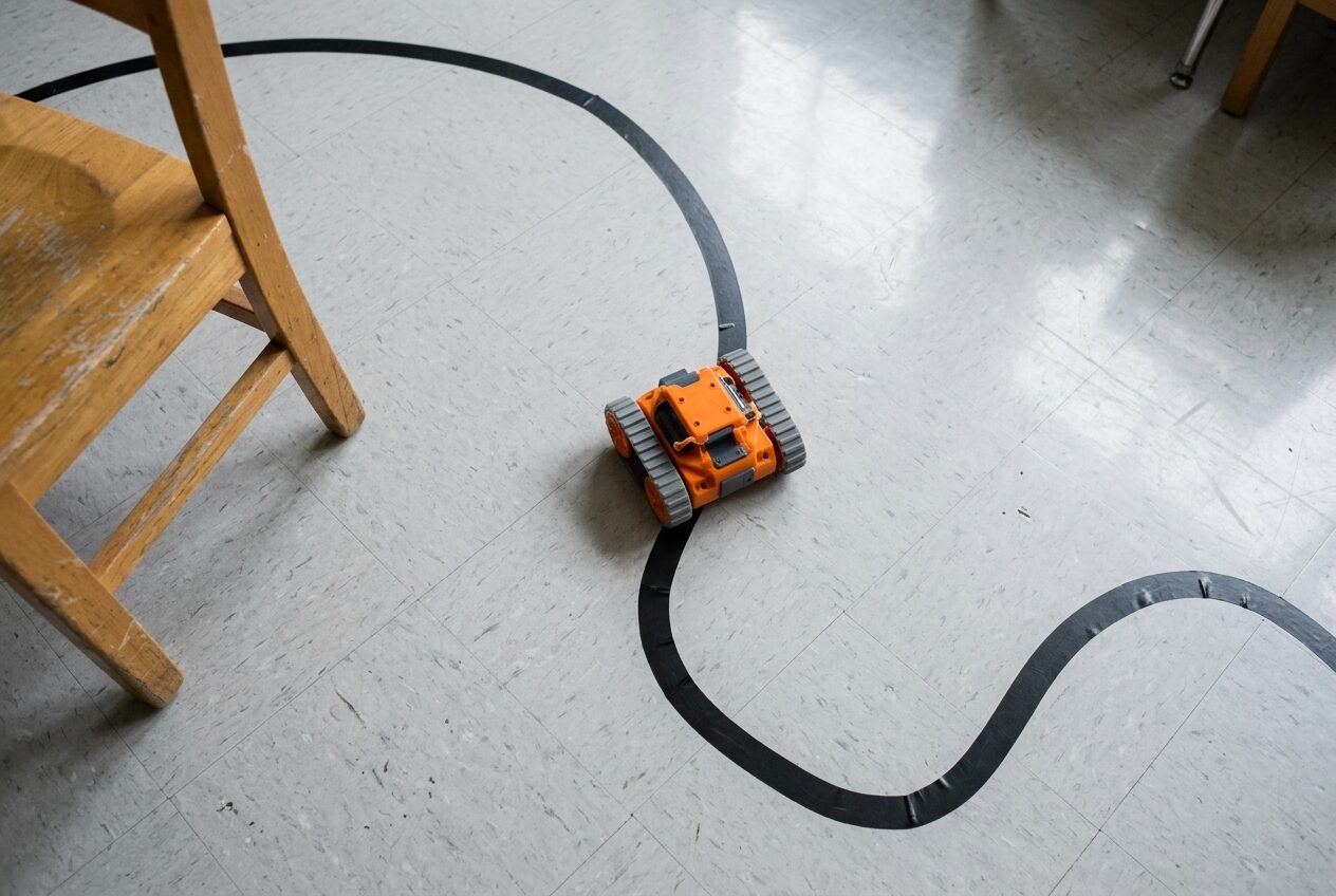 Seen from above, a small orange robot follows a curve of black tape across a classroom floor, past the leg of a wooden chair.