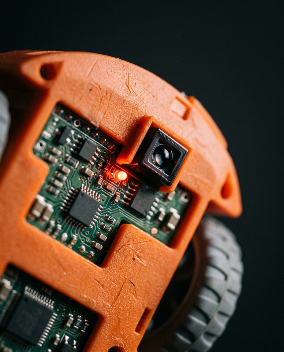 Close-up of the underside of an orange educational robot, showing its circuit board and a small red indicator light.